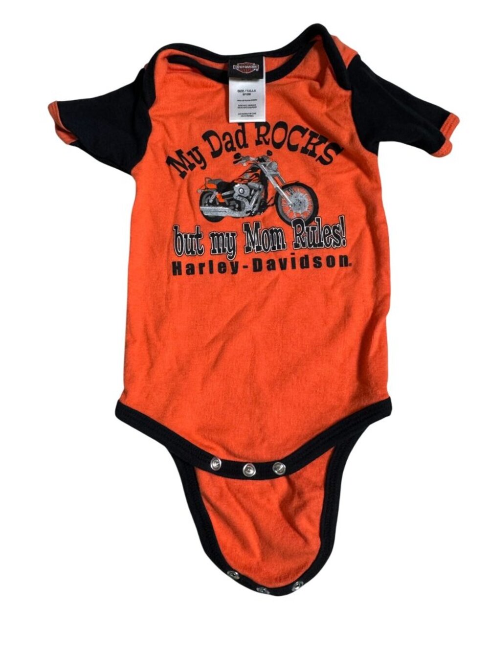 Harley-Davidson Baby Bodysuit "My Dad Rocks But My Mom Rules" Orange Black 9-12M